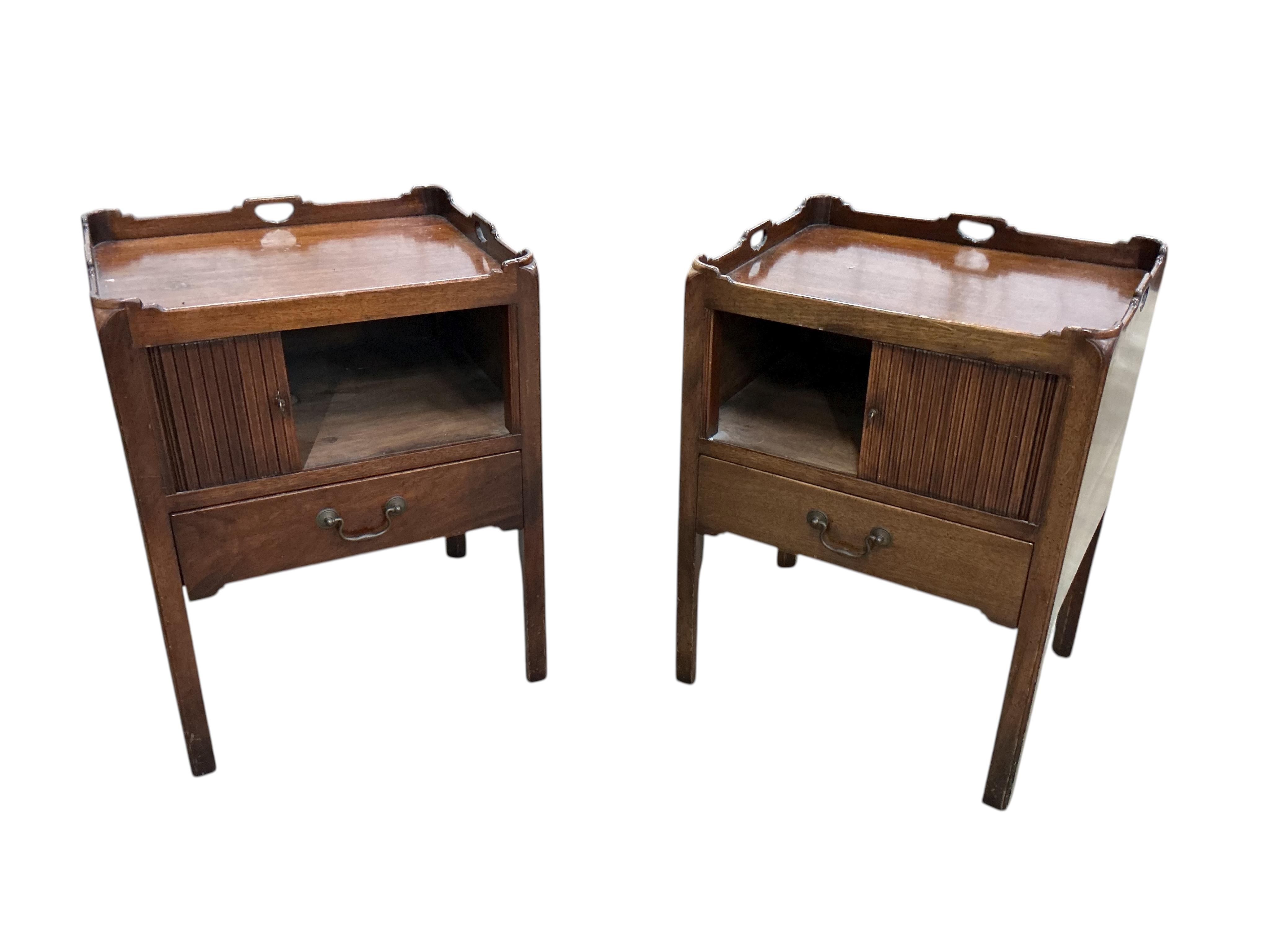 A pair of reproduction George III style tambour tray top bedside cupboards, width 56cm, depth 46cm, height 74cm